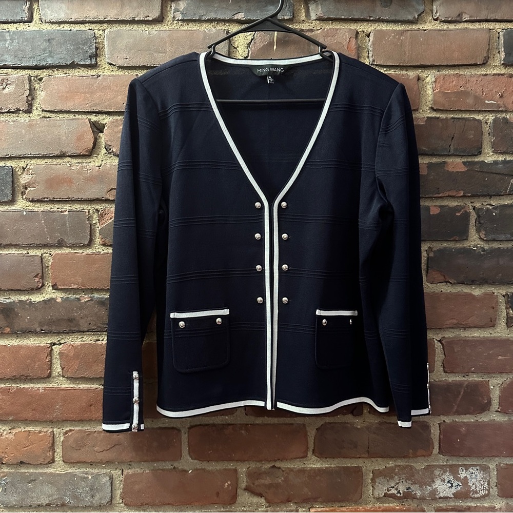 Ming Wang | Knit Contrast Hook Eye Cardigan Sweater / large petite